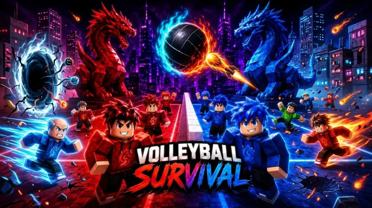 Volleyball Survival key art: red and blue Roblox teams charge across a neon court as a flaming ball flies over the net