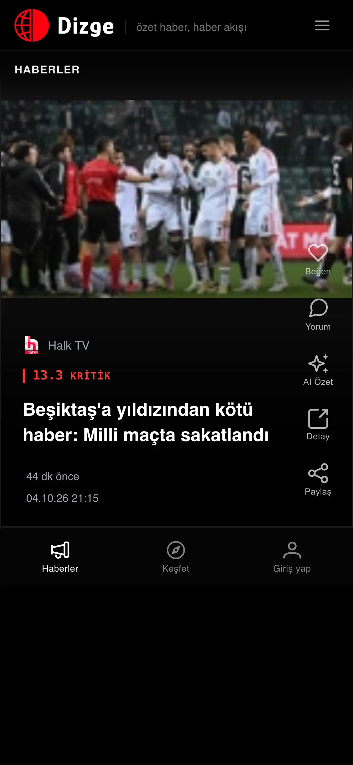 dizge on a phone: a news story with its source, a “13.3 critical” importance score, and like, comment, AI summary and share actions
